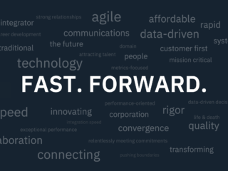 Word cloud that led to the L3Harris tagline, 'Fast. Forward.'