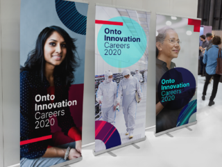 Career fair banners for Onto Innovation, utilizing graphic elements developed for the brand